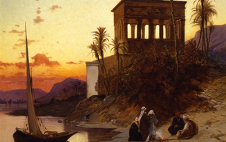 Hermann David Salomon Corrodi, 'Campfire by the River: Kiosk of Trajan at Philae'